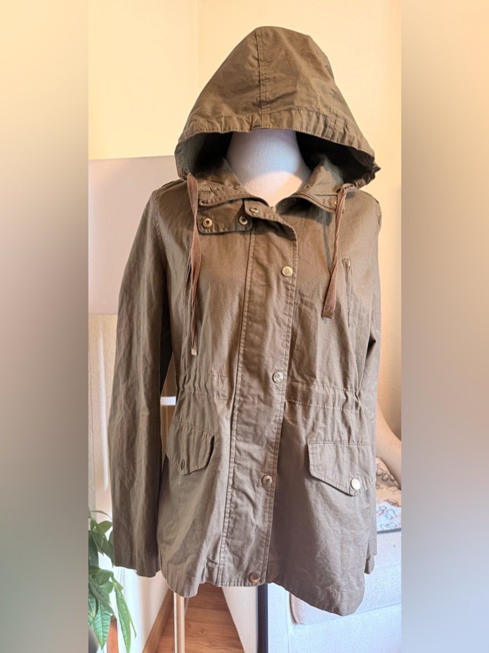 Love Tree Olive Utility Jacket Hooded Anorak Cargo Pockets Drawstring Waist L